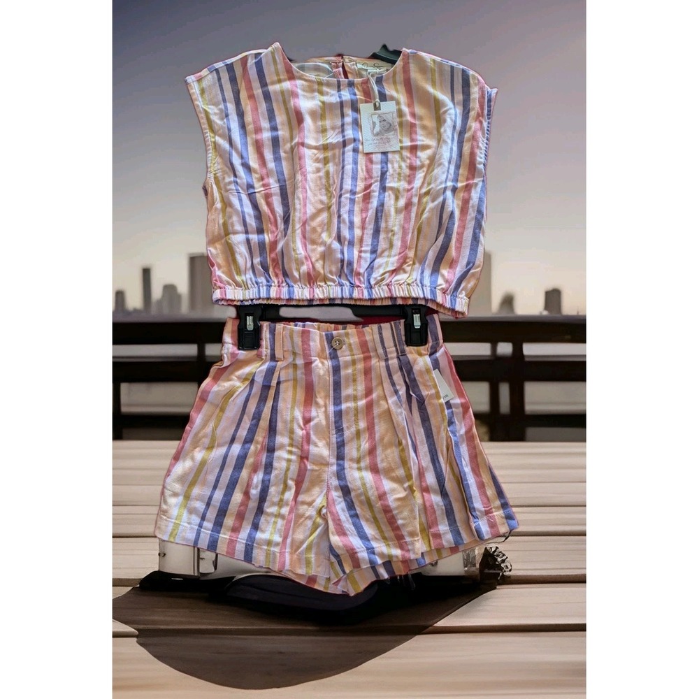 NEW Jessica Simpson Girls Two Piece Shorts & Top Set M 8-10 Striped Blue Yellow